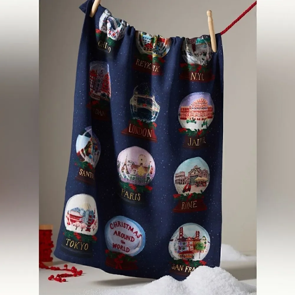 NWT ANTHROPOLOGIE Travel Snow Globes Dish Towel Blue